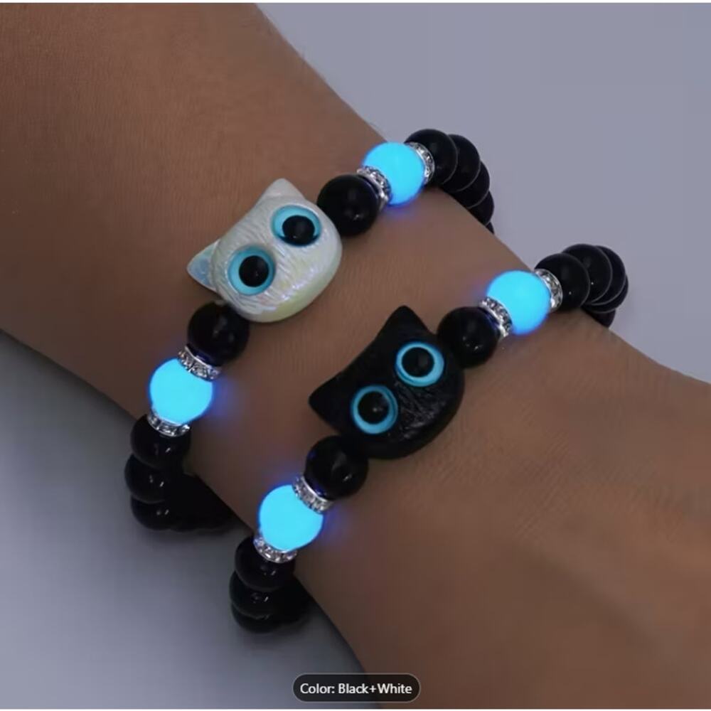 Glow-in-the-Dark Cat Couple Bracelets – Black & White Matching Beaded Set